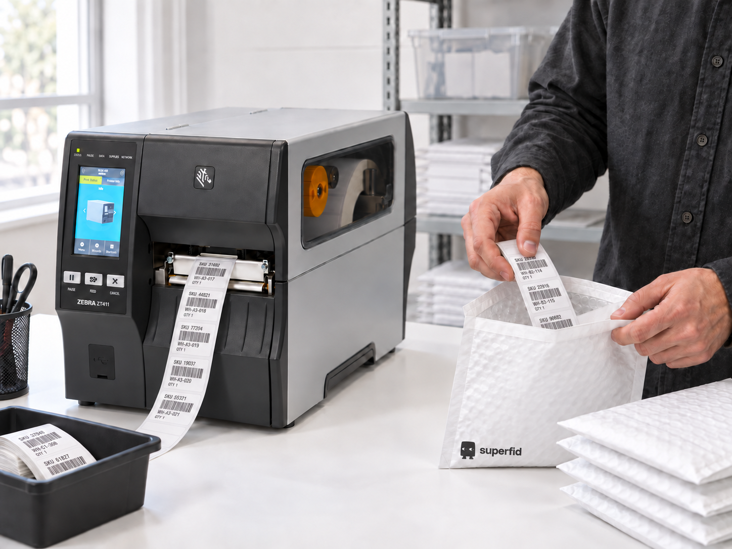 산업용 RFID 프린터에서 상품 정보와 바코드를 인쇄한 RFID 라벨을 흰색 안전봉투에 포장하는 모습